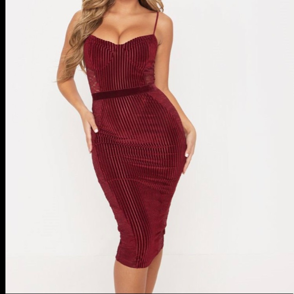 Burgundy Velvet Lace Panel Midi Dress